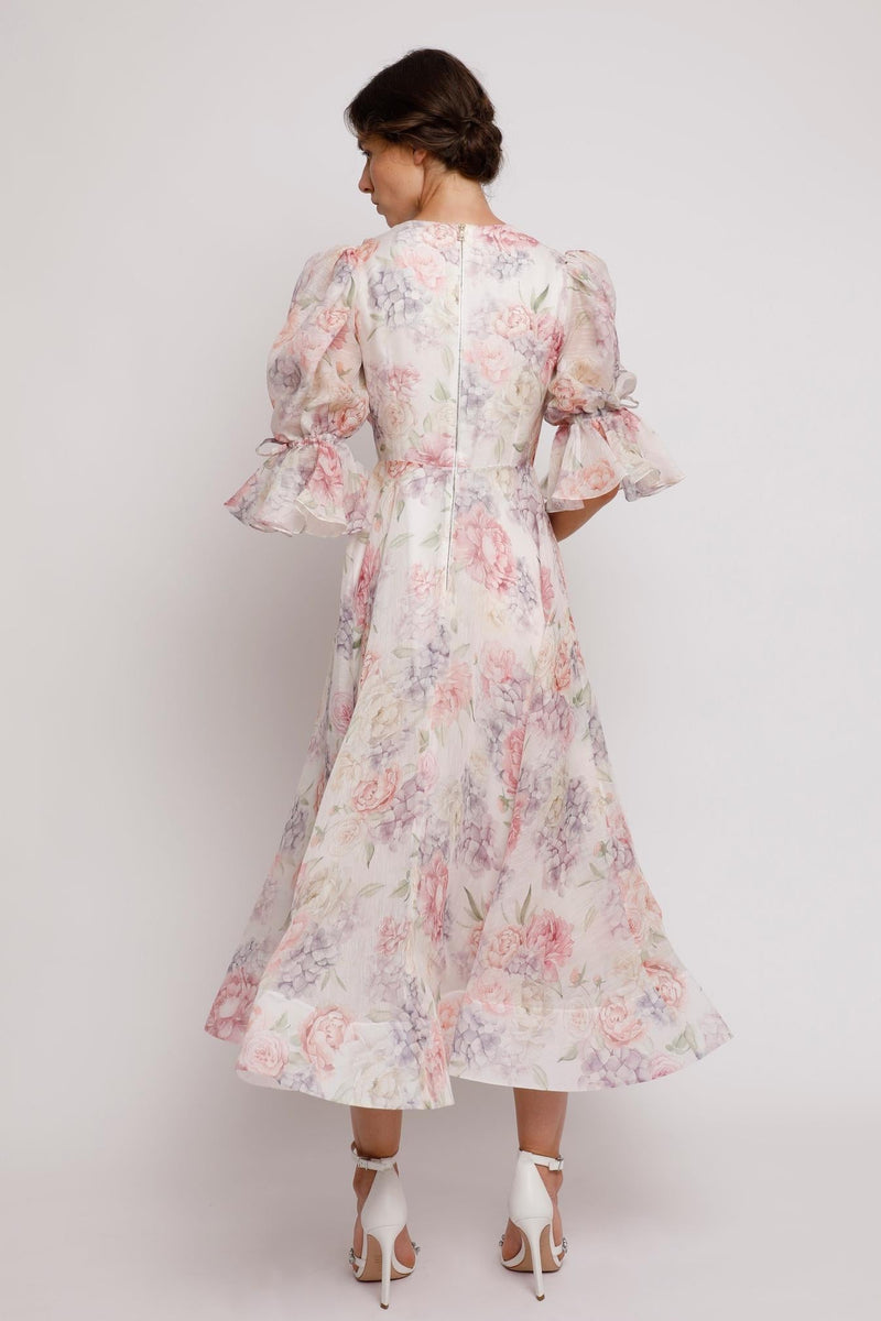3d Flower Lantern Sleeve Midi Dress