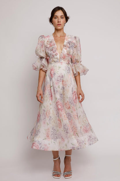 3d Flower Lantern Sleeve Midi Dress
