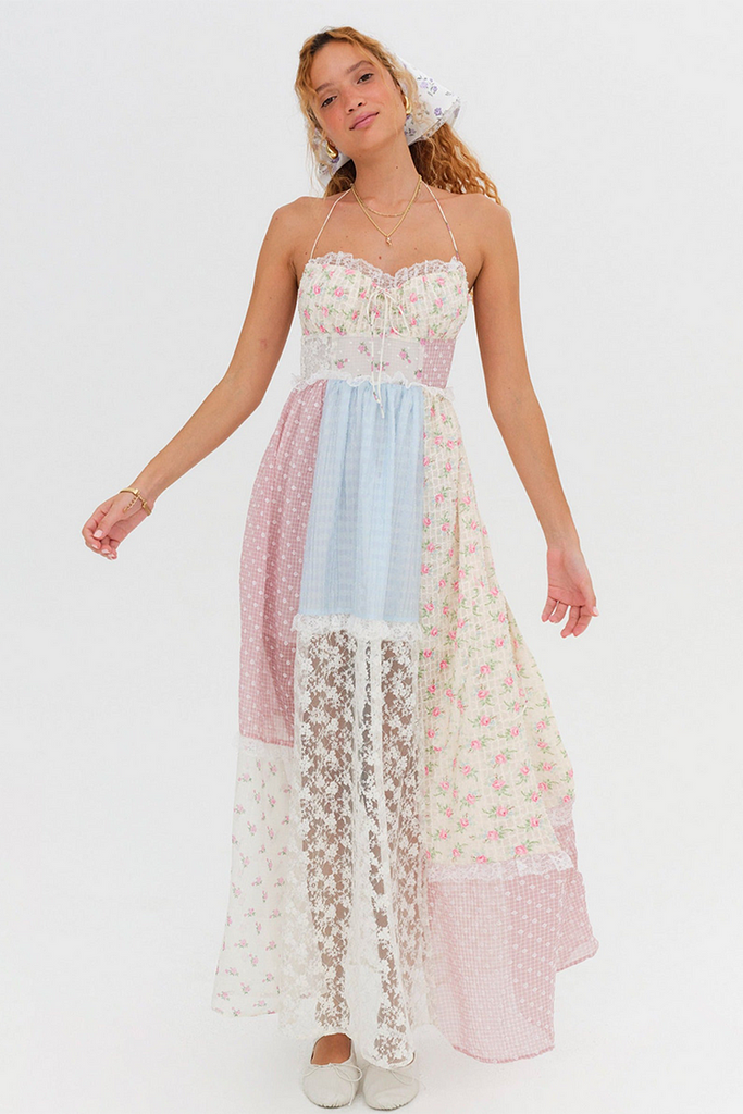 Patchwork Print Lace Midi Dress