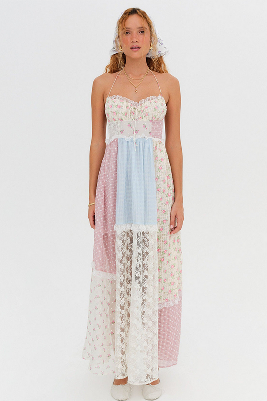 Patchwork Print Lace Midi Dress