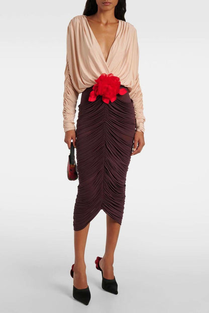 3d Flower Shirring V-neck Midi Dress