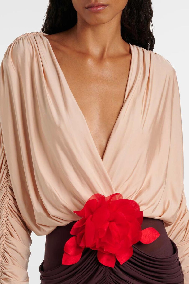 3d Flower Shirring V-neck Midi Dress