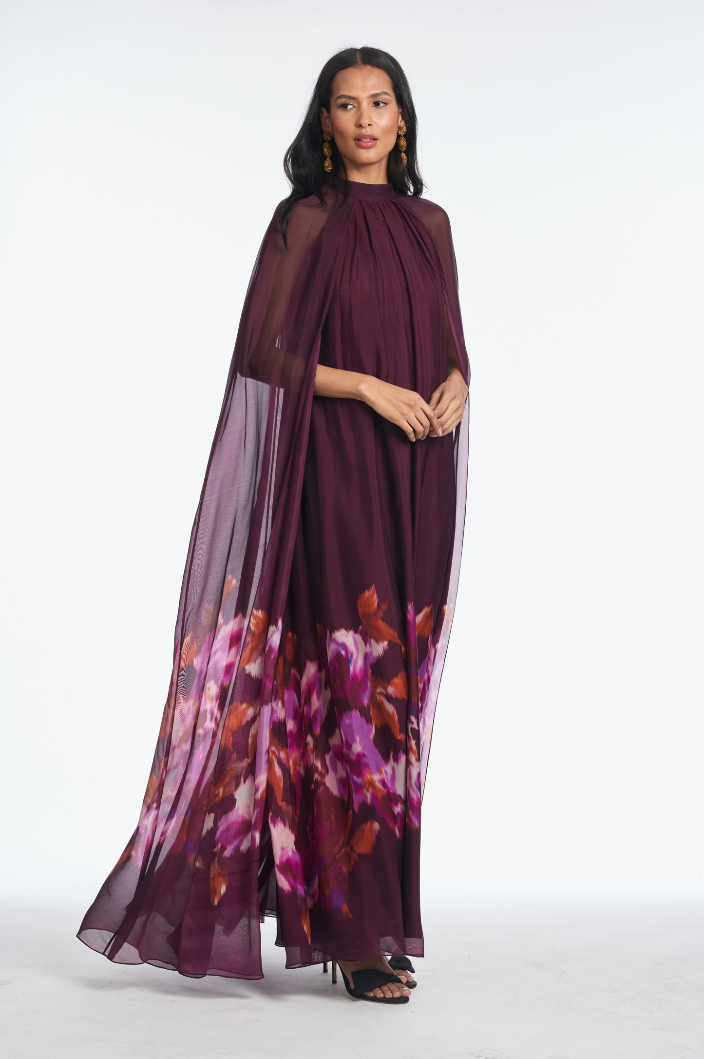 Cape Sleeve Low Neck Maxi Dress