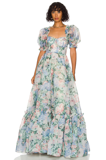 Chiffon Puff Sleeve Ruffle Maxi Dress