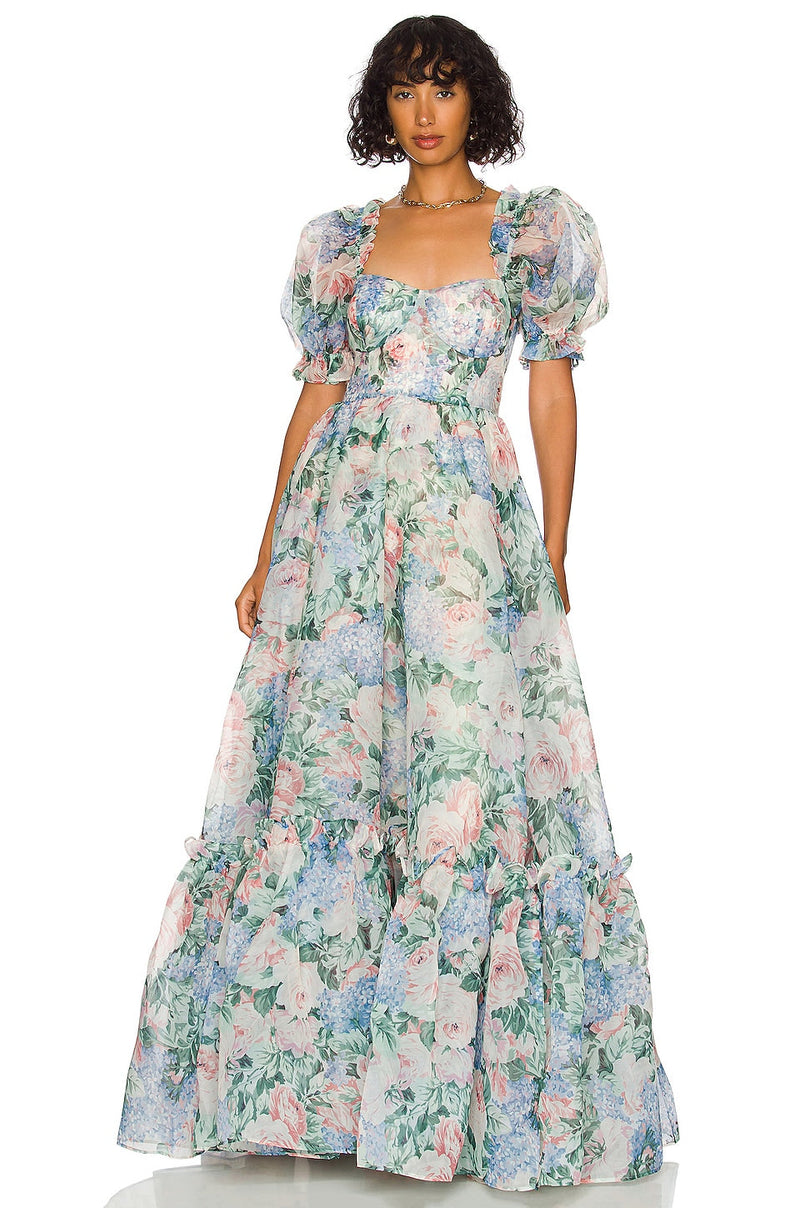 Chiffon Puff Sleeve Ruffle Maxi Dress