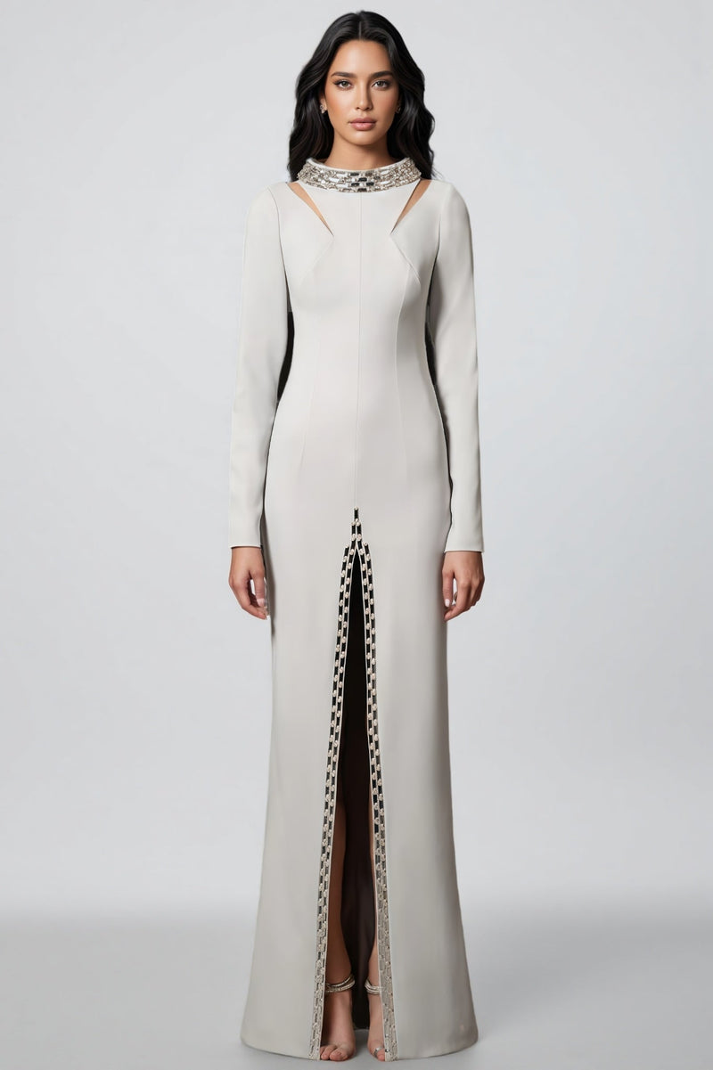 Aislety White Slit Openwork Beaded Maxi Dress