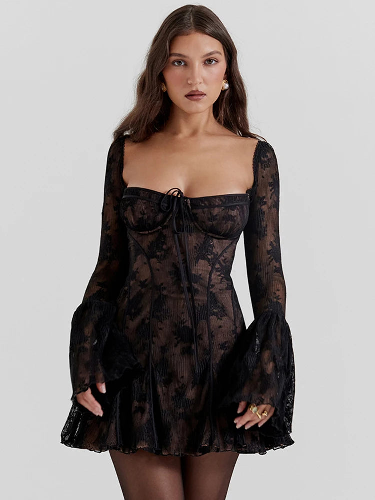 Julissa Mo Lac-up Square Neck Patchwork Long Sleeve Mini Dress Backless Slim Outfits