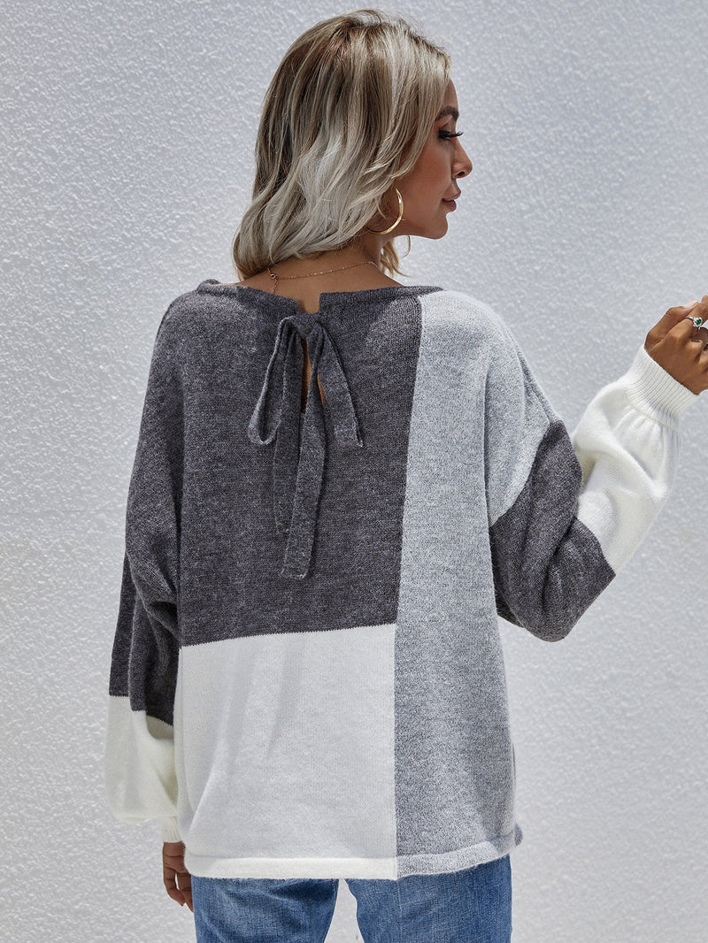 | Color Block Pattern Knit Sweater - Grey