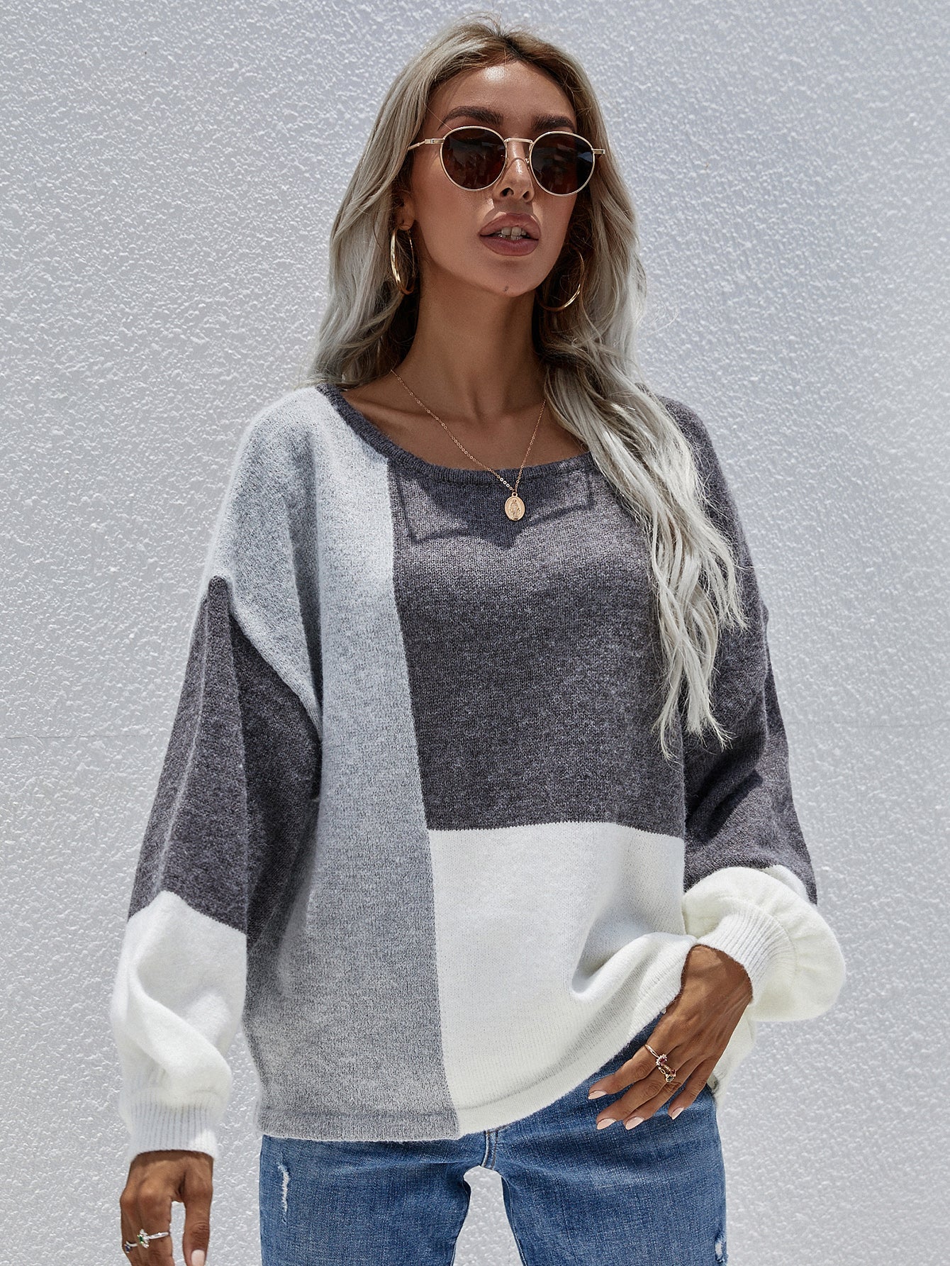 | Color Block Pattern Knit Sweater - Grey