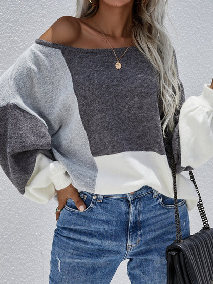 | Color Block Pattern Knit Sweater - Grey