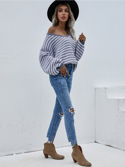 | Puff Sleeve V-neck Sweater - Grey