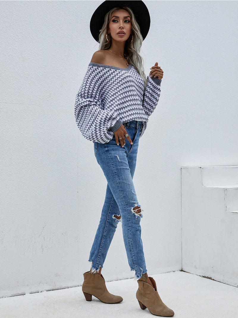 | Puff Sleeve V-neck Sweater - Grey