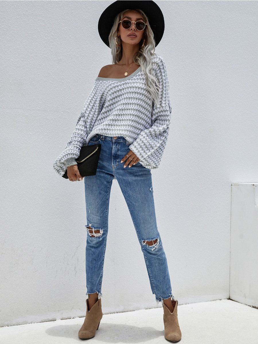 | Puff Sleeve V-neck Sweater - Smoke
