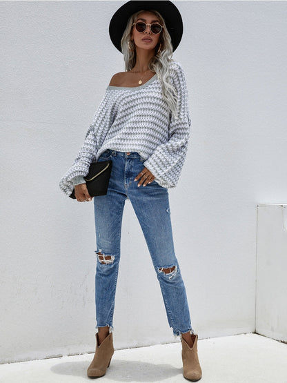 | Puff Sleeve V-neck Sweater - Smoke