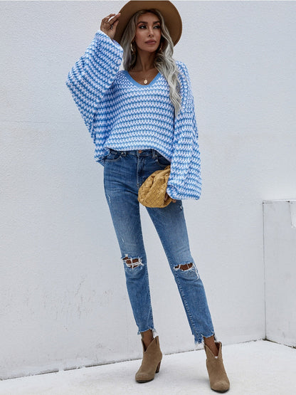 | Puff Sleeve V-neck Sweater - Blue