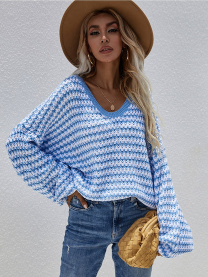 | Puff Sleeve V-neck Sweater - Blue