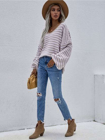 | Puff Sleeve V-neck Sweater - Beige