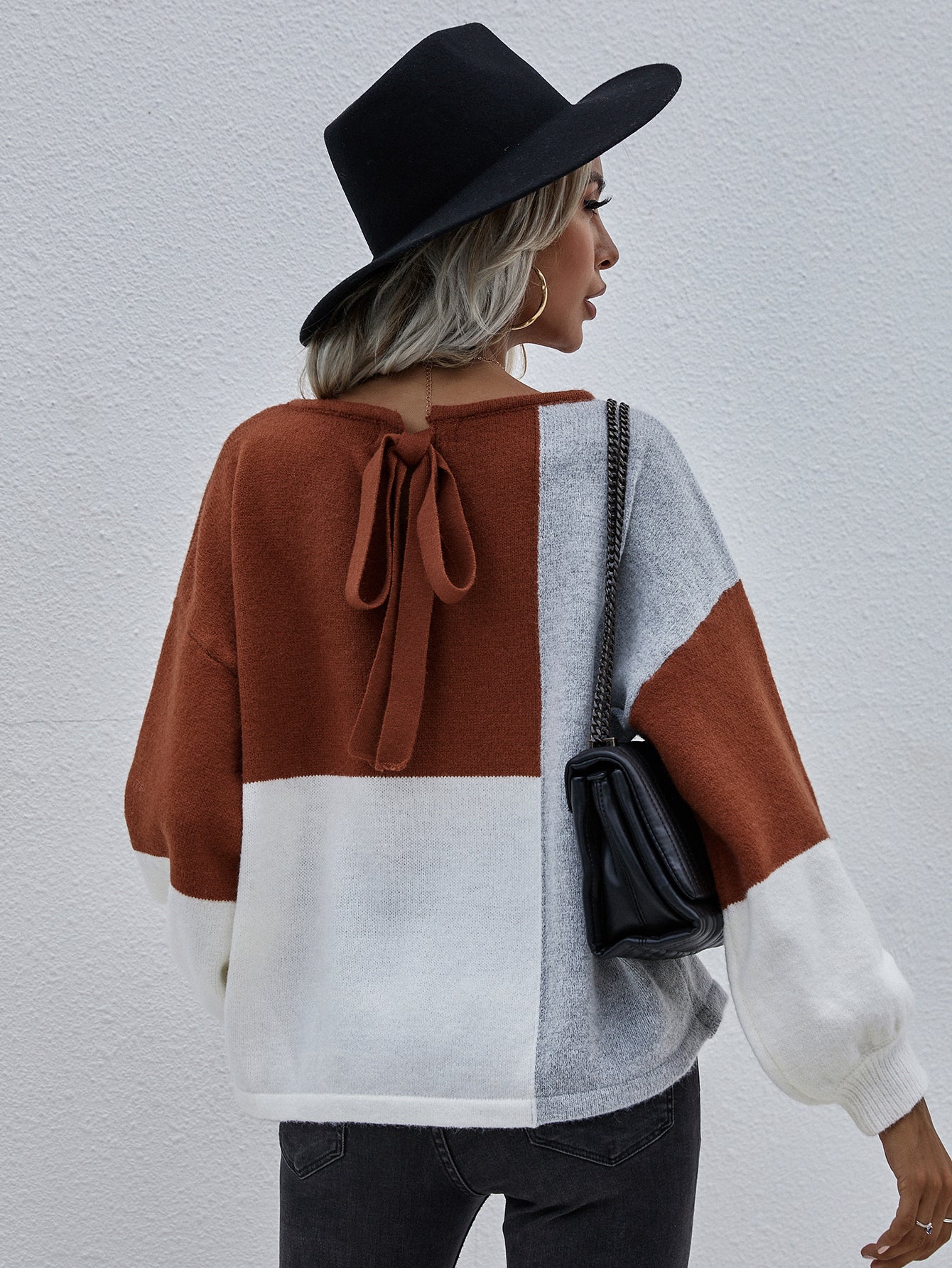 | Color Block Pattern Knit Sweater - Brown