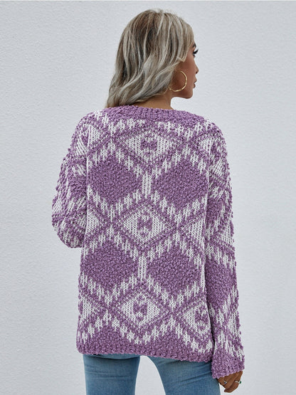 | Geometric Pattern Lantern Sleeve Sweater - Purple