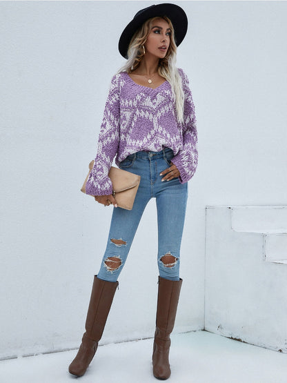 | Geometric Pattern Lantern Sleeve Sweater - Purple