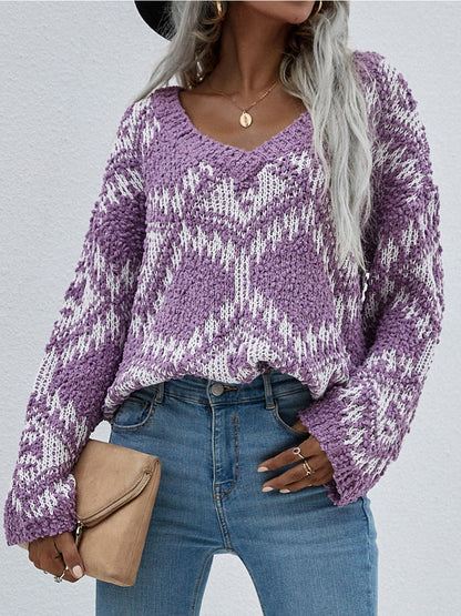 | Geometric Pattern Lantern Sleeve Sweater - Purple