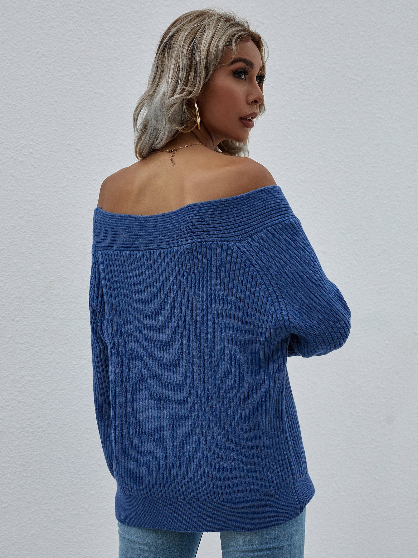 | Navy Bell-sleeve Off-shoulder Knit Sweater