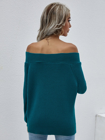 | Green Bell-sleeve Off-shoulder Knit Sweater