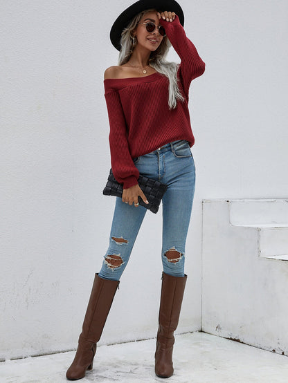 | Maroon Bell-sleeve Off-shoulder Knit Sweater