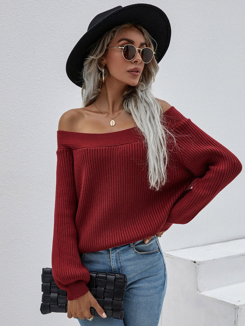 | Maroon Bell-sleeve Off-shoulder Knit Sweater