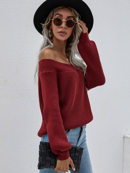 | Maroon Bell-sleeve Off-shoulder Knit Sweater