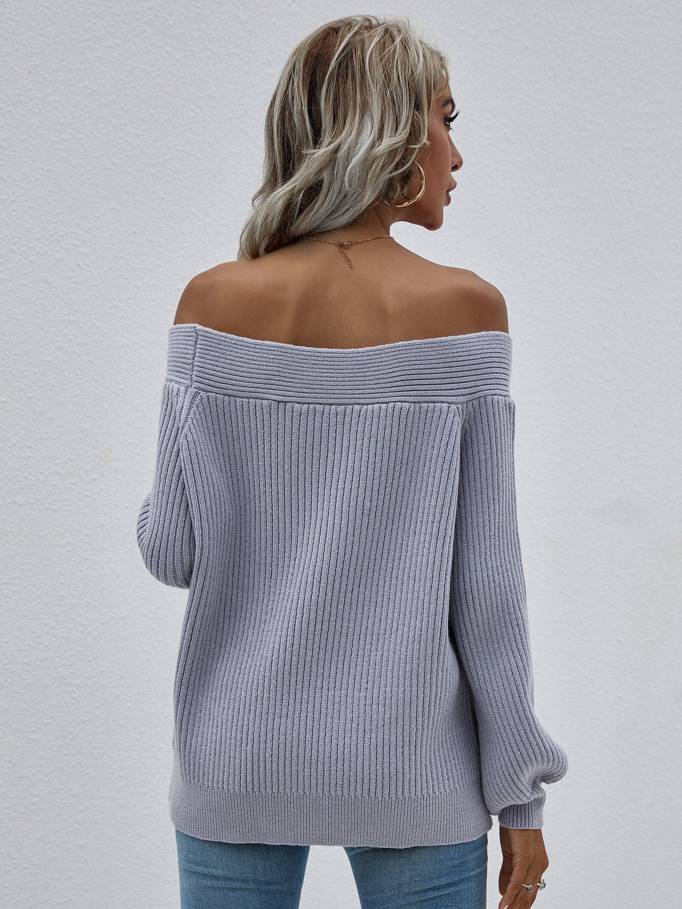 | Grey Bell-sleeve Off-shoulder Knit Sweater