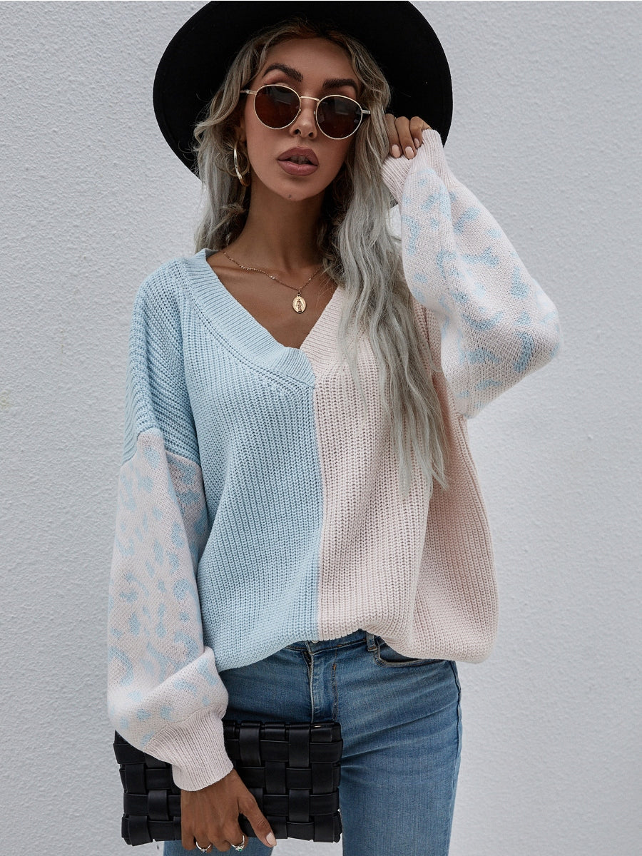 | Color-block Lantern Sleeve Sweater - Blue & Beige Leopard