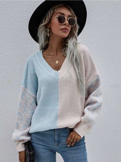 | Color-block Lantern Sleeve Sweater - Blue & Beige Leopard