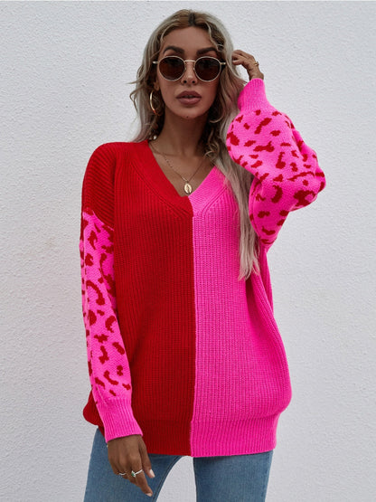 | Color-block Lantern Sleeve Sweater - Fuchisa Leopard