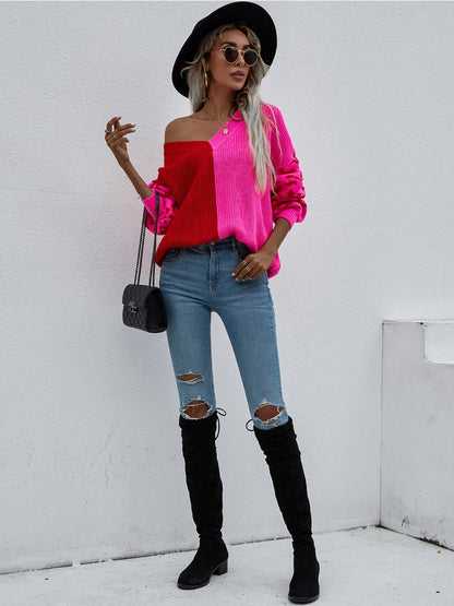 | Color-block Lantern Sleeve Sweater - Fuchisa Leopard