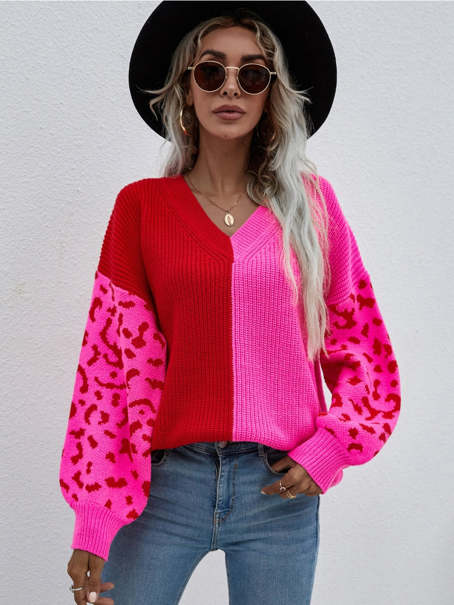 | Color-block Lantern Sleeve Sweater - Fuchisa Leopard