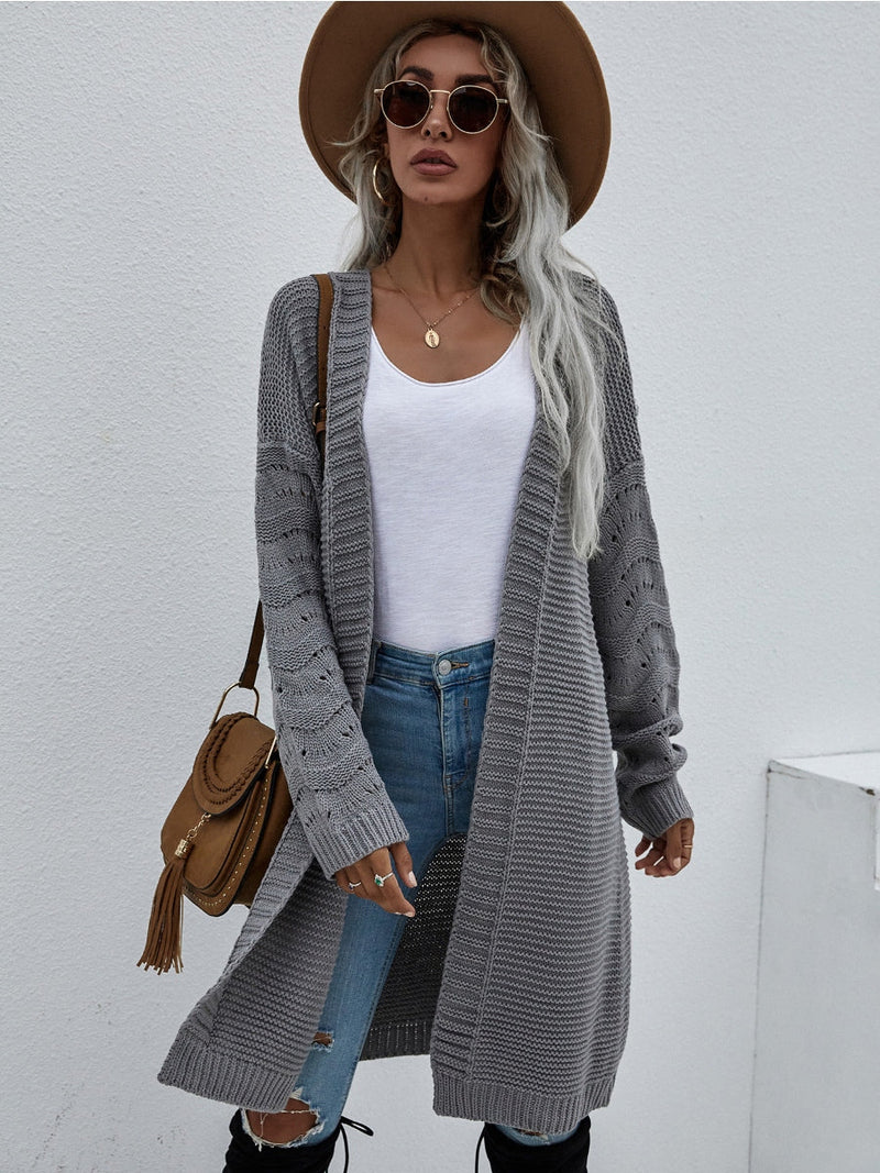 | Braid Open Knit Long Cardigan - Grey