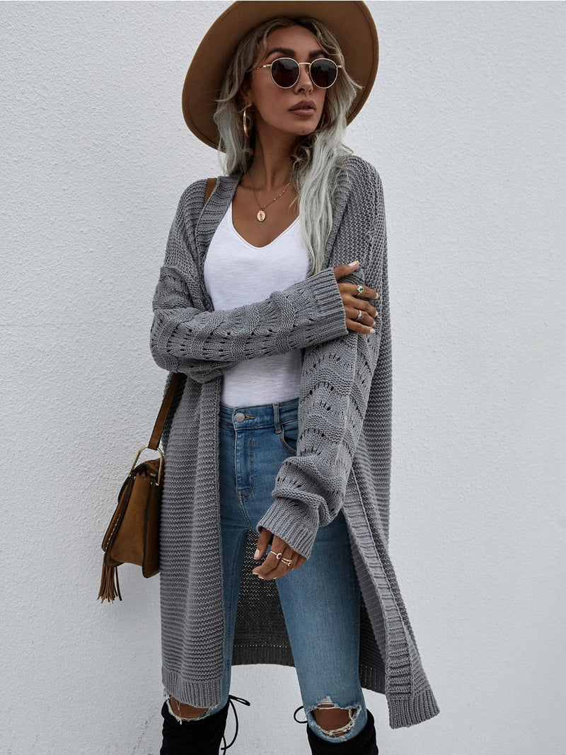 | Braid Open Knit Long Cardigan - Grey