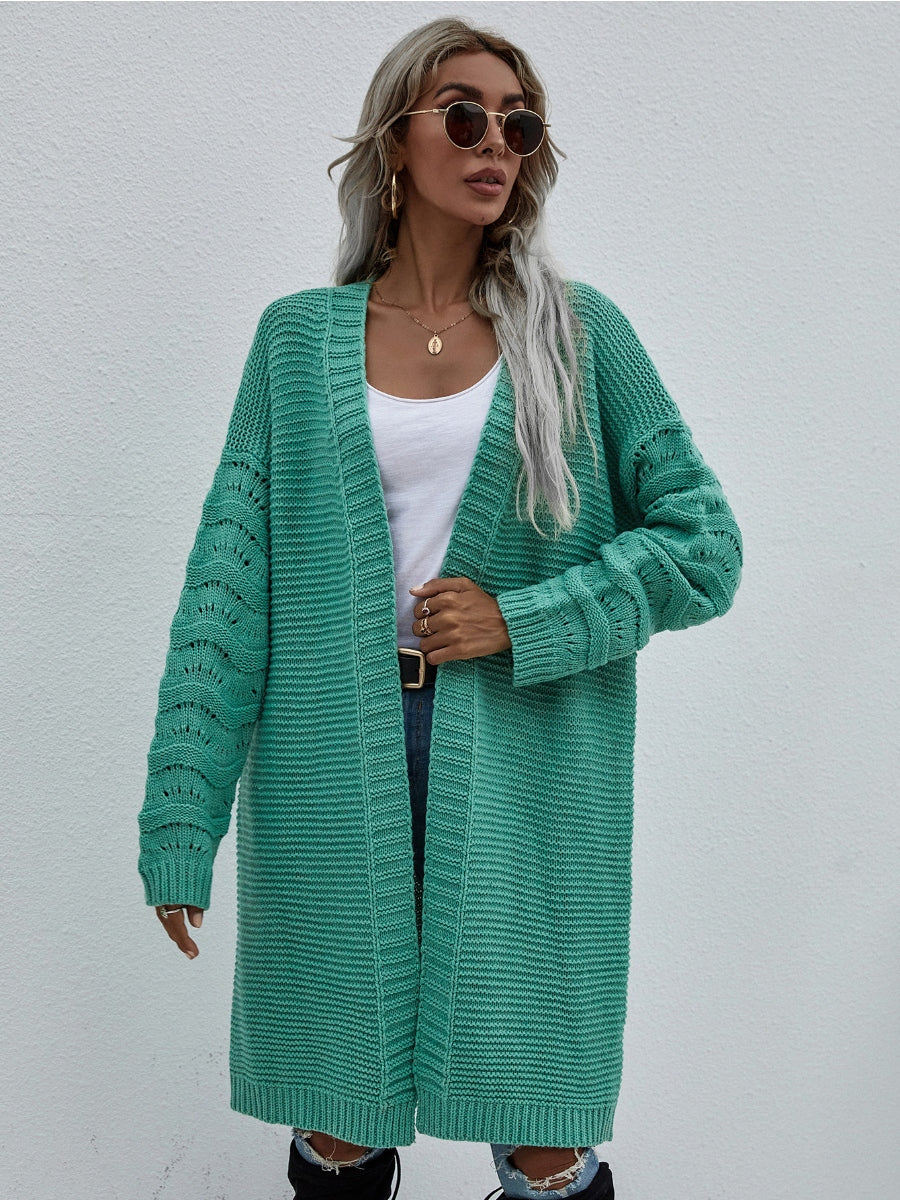 | Braid Open Knit Long Cardigan - Green