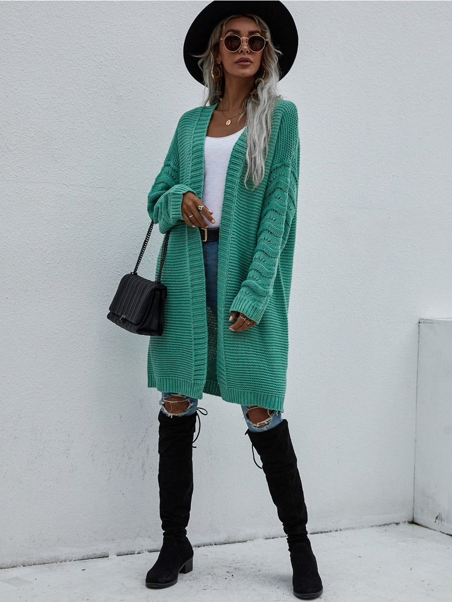 | Braid Open Knit Long Cardigan - Green