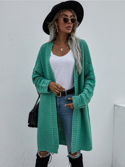 | Braid Open Knit Long Cardigan - Green
