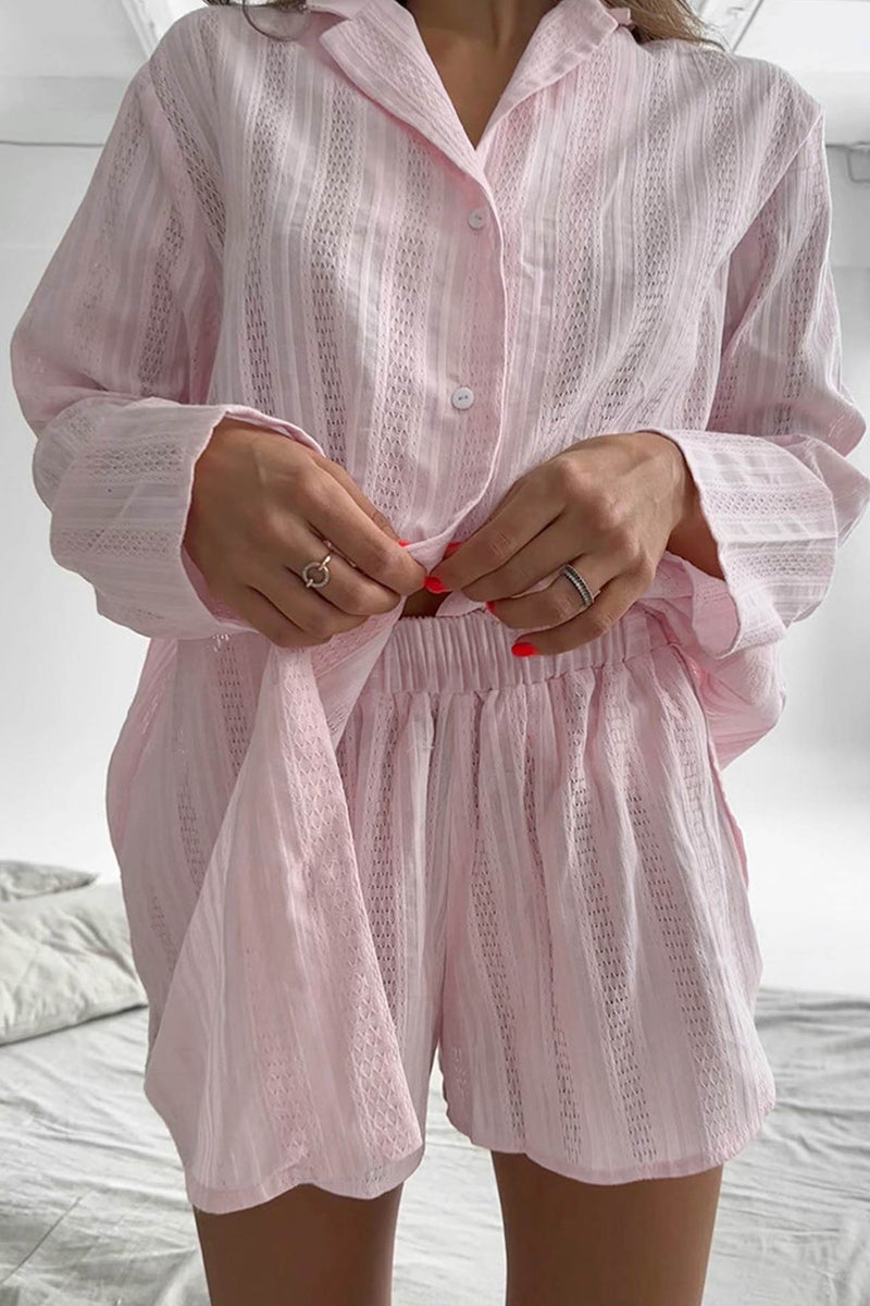 Jacquard Cotton Long Sleeve Shirt Slit Shorts Set