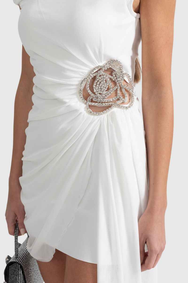 Janett One Shoulder Embellished Mini Dress - White