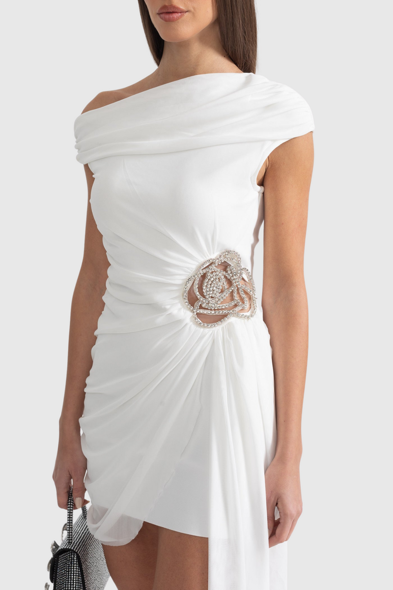 Janett One Shoulder Embellished Mini Dress - White