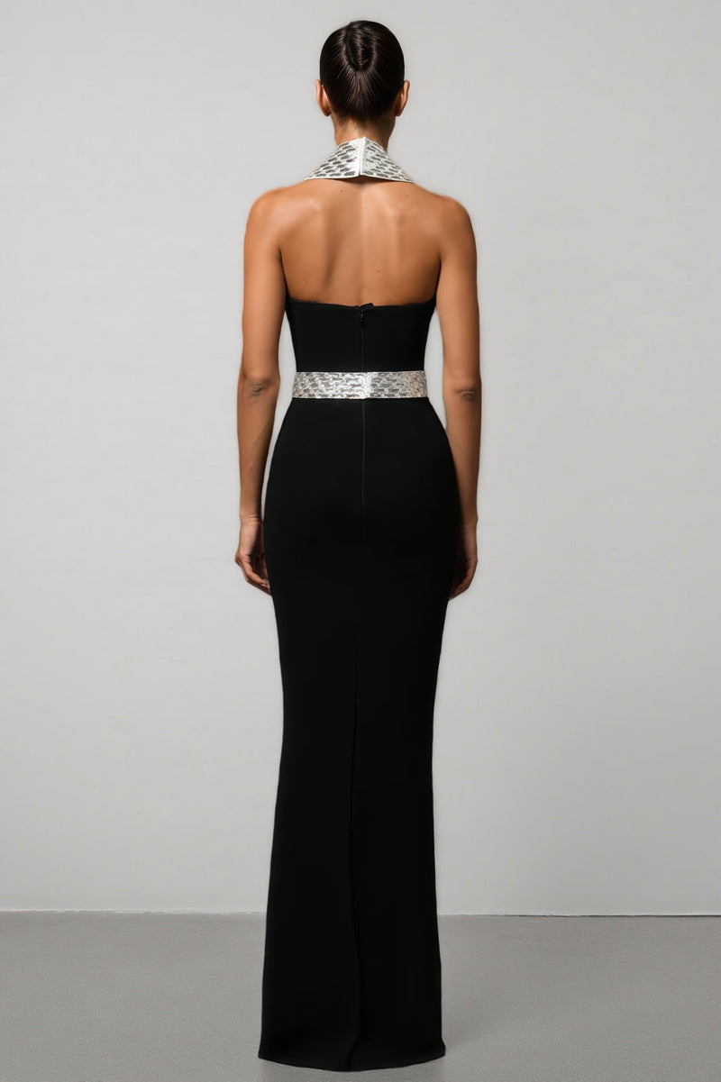 Ierra Black Diamond Studded Backless Maxi Dress