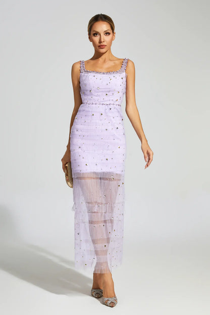 Jennings Purple Diamond Mesh Midi Dress
