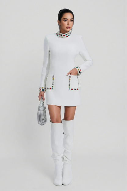 Ona White Diamond Embellishment Mini Dress