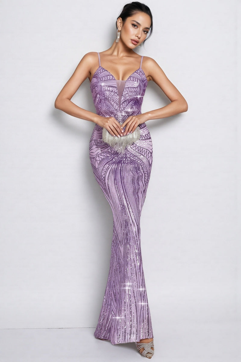 Niko Purple Mermaid Sequins Slip Maxi Dress