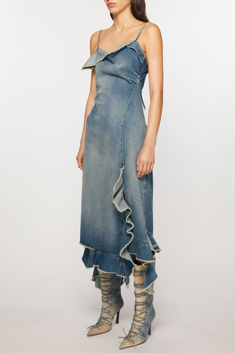Kenzia Asymmetric Denim Ruffle Midi Dress