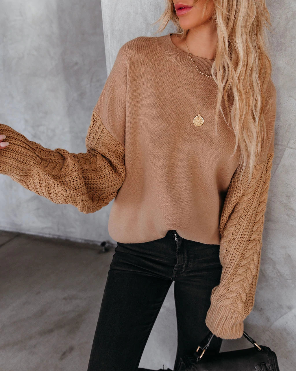 Braided Sleeve Knit Sweater - Khaki